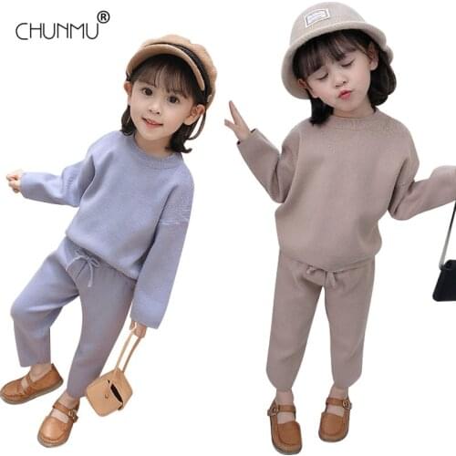 Autumn Winter Girls Woollen Suit 2021 New Children Girls Solid Color O-neck Knitting Wool Sweater Top + Pants Two Piece Set
