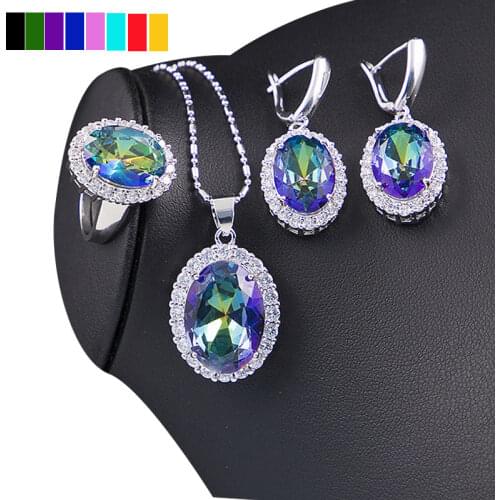 Silver 925 Classic Jewelry Sets For Women Blue Rainbow Sapphire Topaz Amethyst Morganite Bridal Jewelry Necklace Earrings Ring