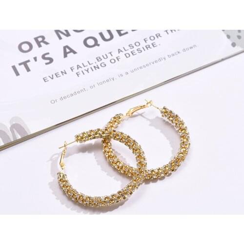 Fashion Luxury Round Crystal Hoop Earrings for Women Circle Geometric Rhinestone Earrings Gold Silver Color Jewelry Accessories