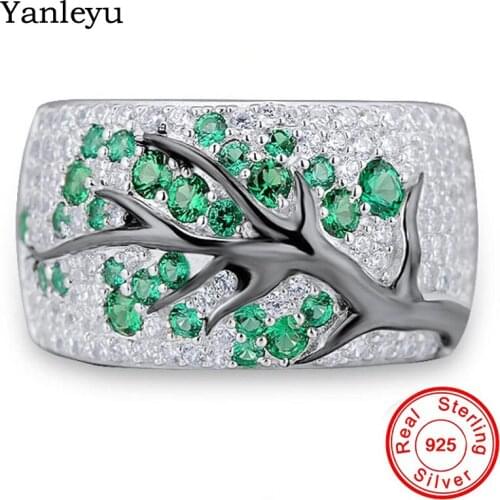 Yanleyu Original Handmade Crystal Zircon Tree Leaf Vintage Jewelry Solid 925 Silver Wedding Party Rings for Women Gift PR349