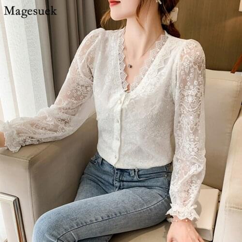New Elegant White Blouse Women 2021 Autumn V-Neck Lace Long Sleeve Top Women Crochet Flower Vintage Button Up Shirt Blusas 11907