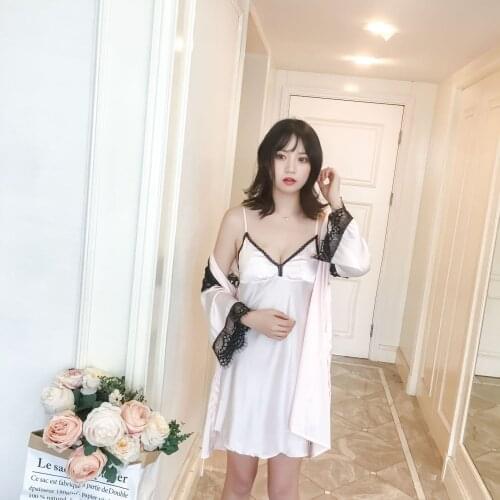Spring Summer Womens Pajamas Comfortable Casual Sling Nightdress Robe 2Pcs Sets Silk Nighrwear Sexy Nightgown V-neck Homewear