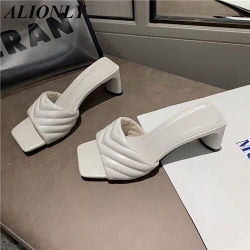 ALIONLY Fashion Elegant for Women 2021 Summer Slippers High Quality Leather Square Toe Sandals Femme Low Heel Party Dress Shoes
