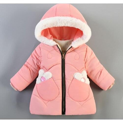 2021 Girls Winter Fashion New Hooded Applique Cotton Jacket Childrens Thickening Warm Down Jacket Toddler Outing Cold-resistant