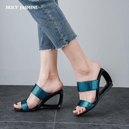 2019 Summer New fashion women sandals Fretwork Heels wedges ladies dress shoes slip on female outside slippers Size 34-43