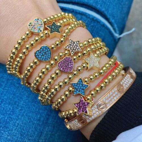 3Pcs, Romantic Colorful CZ Heart Star Bracelets Copper Fashion Handmade Jewelry Beaded Bracelets For Women Best Wedding Gift