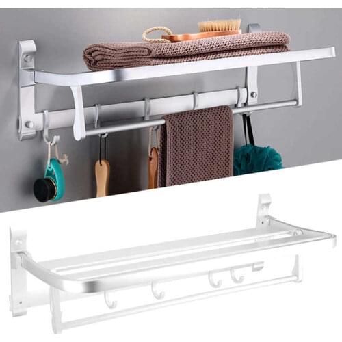 White Space Aluminum Foldable Towel Rack Bathroom Storage Shelf Organizer Towel Holder Hanging Hooks