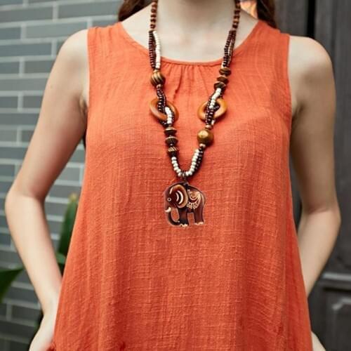 Boho Jewelry Ethnic Style Long Hand Made Bead Wood Elephant Pendant Necklace for Women Wholesale Price Decent