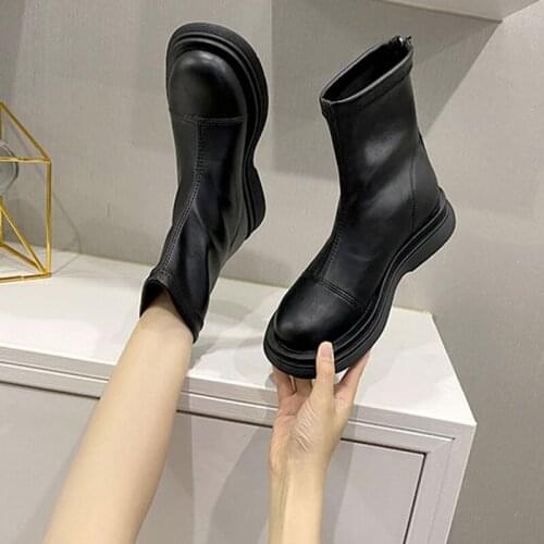 Lucyever Big Toe Pu Leather Ankle Boots Women 2021 New Back Zipper Med Heels Autumn Boots Woman Outdoor Comfortable Botas Mujer