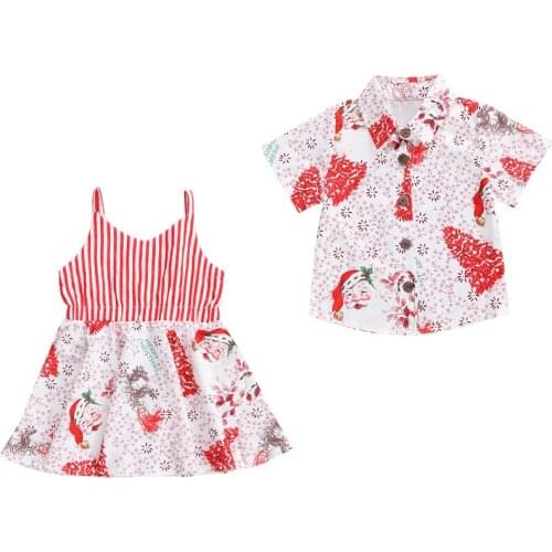 FOCUSNORM Christmas Kids Baby Boy Girl Clothes Outfits 1-6Y Striped Print A-Line Dress Boys Short Sleeve T-shirt