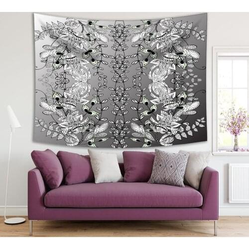 Tapestry Flower Garden Foliage Abstract Floral Pattern Doodle Style Monochrome Artwork Gray Black