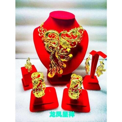 Yulaili Classic Vintage Chinese Style Design Gold-color Dragon and Phoenix Shape Four Piece Set for Bridal Wedding Jewelry Sets