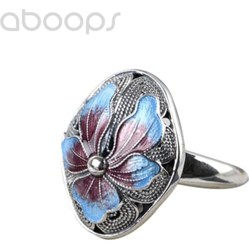 Chinese Style 925 Sterling Silver Enamel Flower Ring for Women Girls Adjustable Size 6-8,Free Shipping