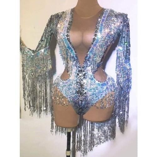 Splending Singer Costumes Fringe Dress Silver Sequin Jumpsuit Women Birthday Party Evening Stage Wear Prom Cha Cha Dance Dress