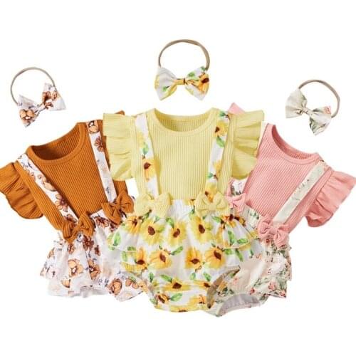 New Toddler Infant Kids Baby Girls 3PCS Sets Floral Printed Clothes Knitted Tops Suspenders Shorts Headband Outfit Sets Summer