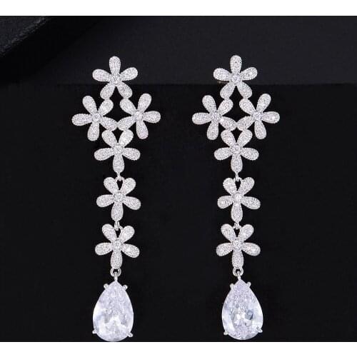 LARRAURI Long Dangle Drop Earrings Flower Cluster Blossom Cubic Zirconia Earrings for Women Fashion Engagement Party Jewelry