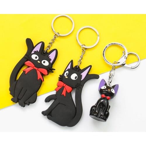 Cute Black Jiji Cat Keychain PVC Rubber Kikis Delivery Serve Key Chains Ring Holder Bag Phone Ornament Jewelry Gift