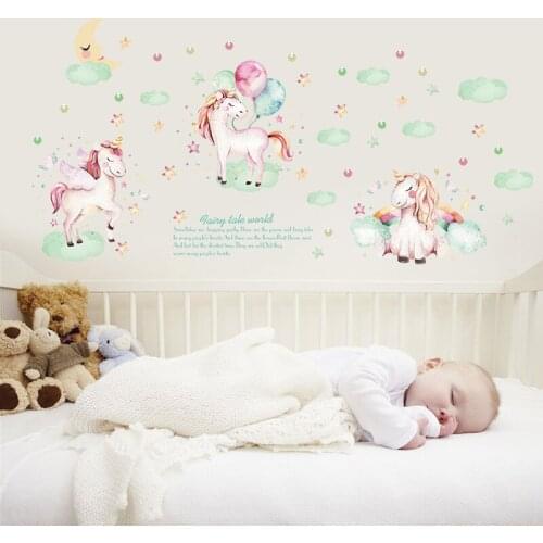Lovely Dream Unicorn Wall Stickers for Kids Room Bedroom Living Room Kindergarten Wall Decoration Green Wall Stickers Girl Gift