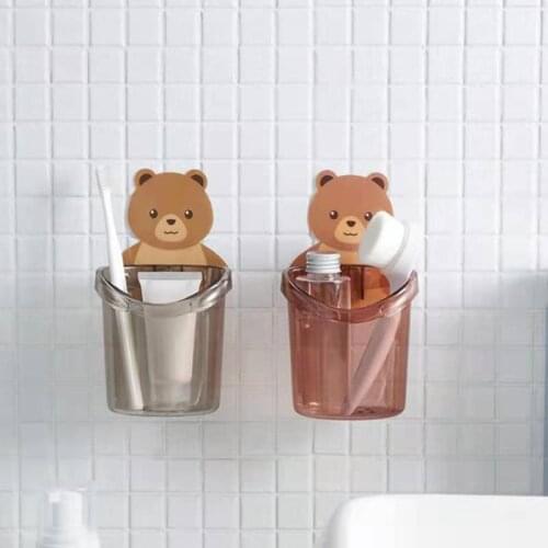 Cartoon Bear, toothbrush, toothpaste rack, shelf, no hole hanging wall, bathroom, toilet, comb, cosmetic brush storage box 1/2PC