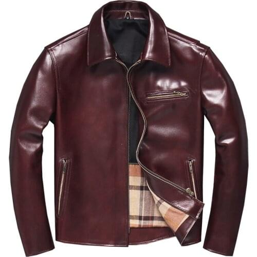 Mens Genuine Oil Wax Top Layer Cowhide Motorcycle Jersey Fashion Casual Short Red Leather Jacket Autumn / Winter Coat XL XXL
