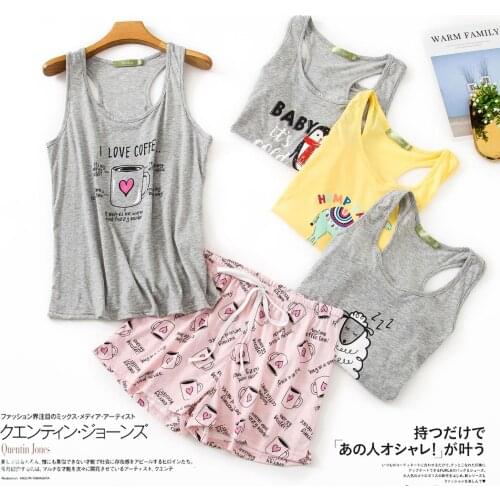Summer Cotton Sexy Sleeveless Shorts Pajama Sets Women Sleepwear Cozy O-neck Short Homewear Cute Cartoon Pyjamas Home Clothes