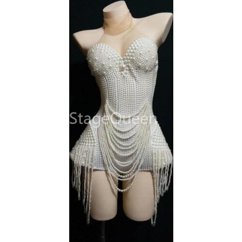 Full Pearls Bodysuit Costume Outfit Female Dancer Performance Leotard Outfit Nightclub Party Sexy Clothing DS DJ Jumpsuit