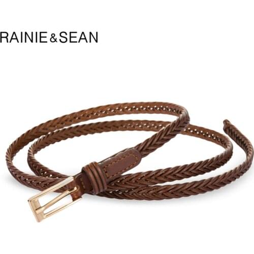 RAINIE SEAN Leather Braided Belts Vintage Women Belt for Dresses Thin Strap Woven Strap Coffee Korean Fashion Ladies Knot Belt