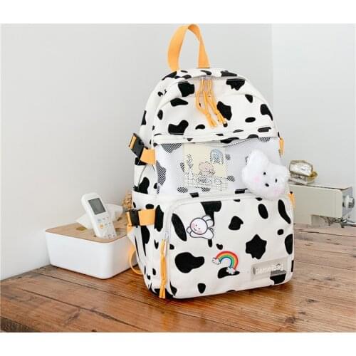 2021 New Lovely Cow Spotted Women Backpack Female Multi-function Travel Bag Transparent Front Pocket Small Schoolbag book bag