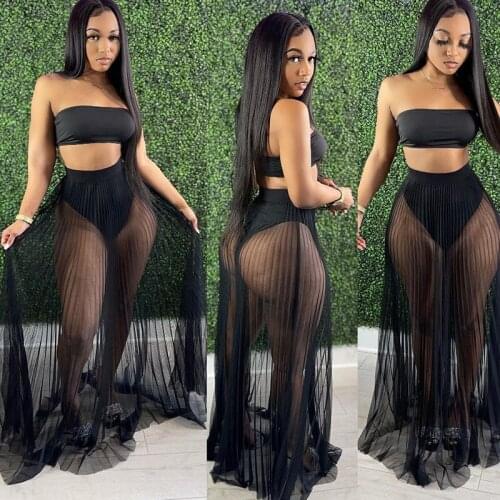 Sexy Three Piece Set Women Breast Wrapped Mesh Skirt Set Nightclub Party Sexy Swimsuit Style Mesh Club Outfit Women Clothing