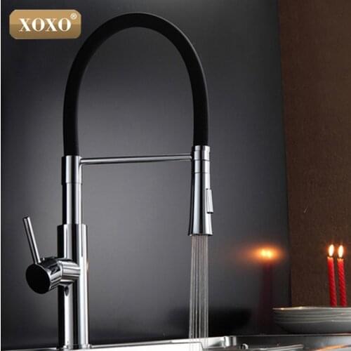 XOXOBlack and Chrome Finish Kitchen Sink Faucet Deck Mount Pull Out Dual Sprayer Nozzle Hot Cold Mixer Water Taps 83016H