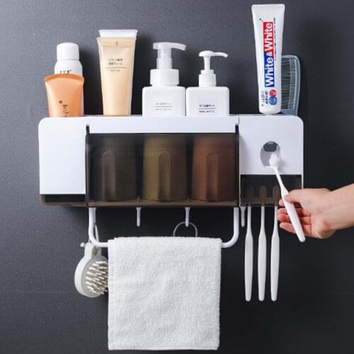Bathroom Storage Washable Rack Wall Mounted With Towel Bar Hook Toothbrush Holder Accessories Set Automatic Toothpaste With Cup