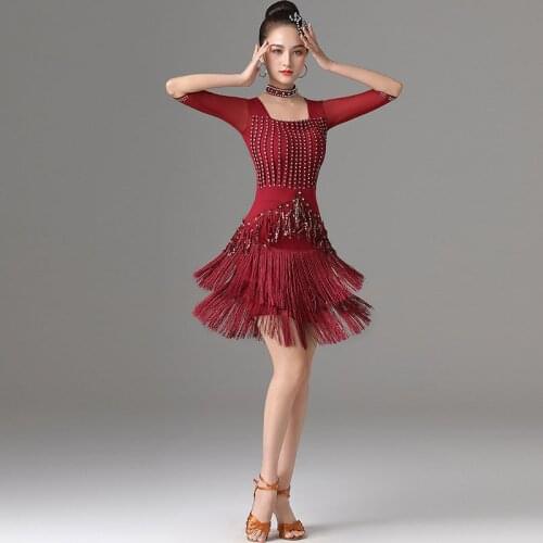 Latin Dance Clothing Female Adult Half Sleeve Rhinestone Fringe Costumes Ballroom Dance Competition Dress Rumba Outfits DQL5473