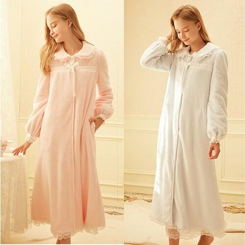 Womens Sleepwear Lolita Princess Robe Light Blue Flannel Pajamas.Turndown Collar Sleep Robes Nightgown Dressing Gown Loungewear