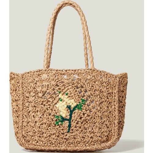 Casual Handmade Women Handbag Straw Weave Shoulder Bag Womens Bag Flower Embroidery Hollow Handbags Summer Beach Travel Tote