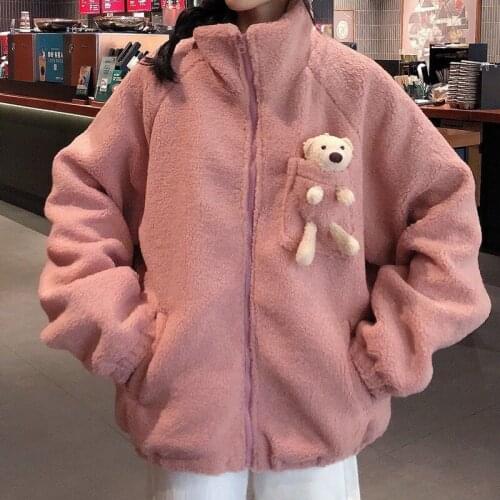 Womens Bear Color Stand-up Collar Jacket Solid Casual Cute Bear Plus Velvet Thick Street Spring Korean Version of Jacket 2021