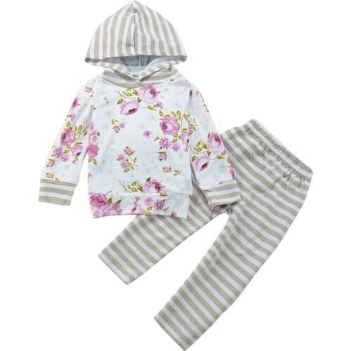 Infant Newborn Baby Kleding Suit Floral Hooded Tops Striped Sweater Striped Pants 2pc Children Clothing Sets