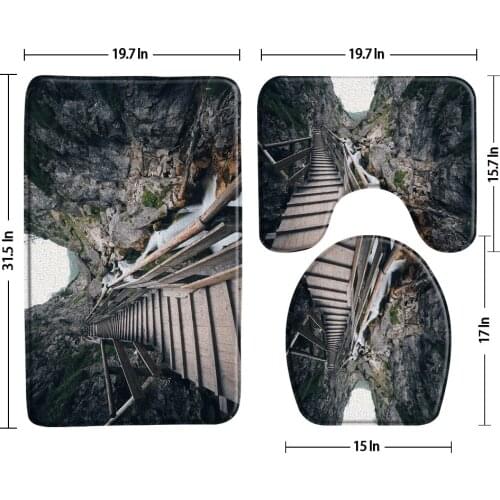 Mountain Peak Cliff Bridge Bath Mat 3 Piece Set scenery Bathroom Carpet Water Absorb Non Slip Washable Rug Toilet lid Bath Decor