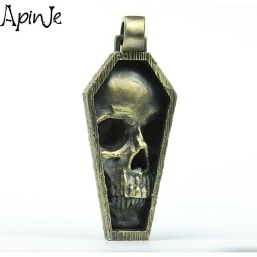 Apinje Brass Pendant Necklace Men Skull Coffin Box Necklace Gothic Bike Necklaces
