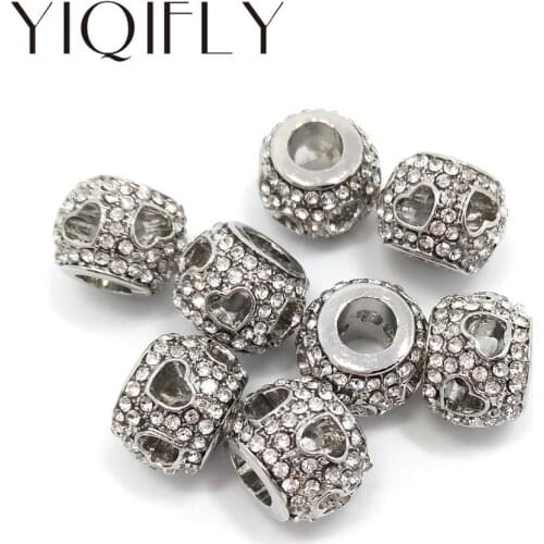 YIQIFLY Free shipping 2017 new 20pcs 12mm round shape white rhinestone open heart big hole alloy beads fit European bracelet DIY