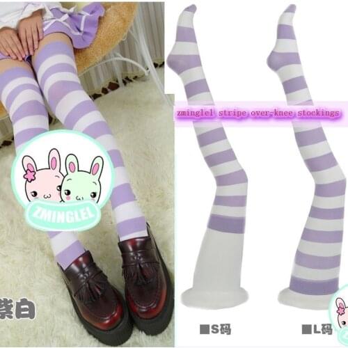 NIJIGEN Cute Womens Lolita Purple&White Stripe Over-knee Stocking Thigh High Stocking Size S&L