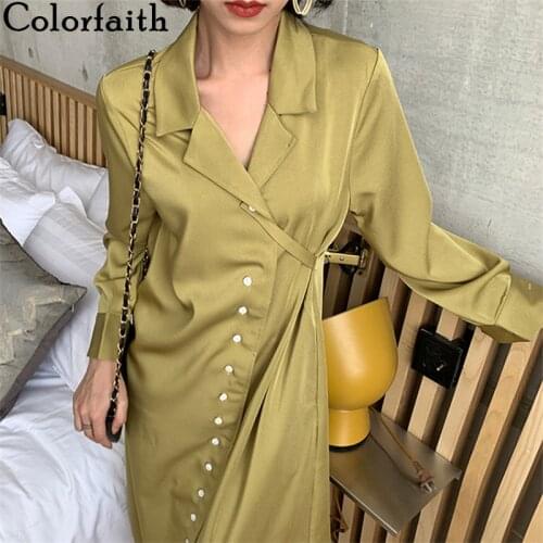 Colorfaith New 2020 Womens Autumn Winter Dresses Buttons Pockets Office Lady Elegant Irregular Oversize Satin Long Dress DR2770