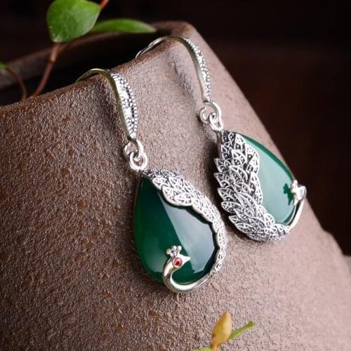 S925 sterling silver earrings female chalcedony blue sandstone pomegranate red retro elegant peacock earrings new free shipping