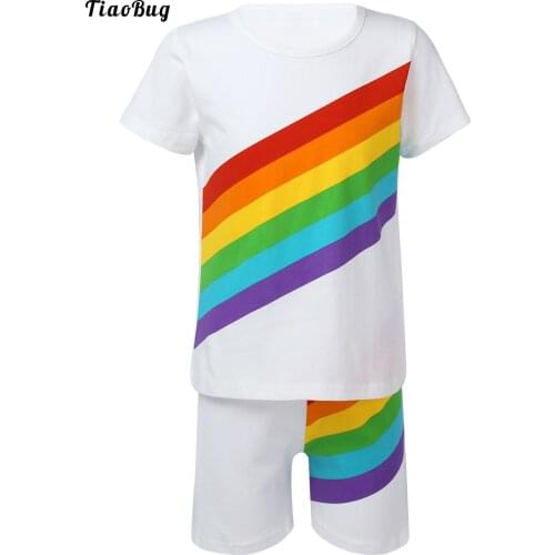 Summer White 2Pcs Kids Girls Boys Cotton Suit Round Neck Short Sleeves Rainbow Print T-Shirt Shorts Set Sportwear