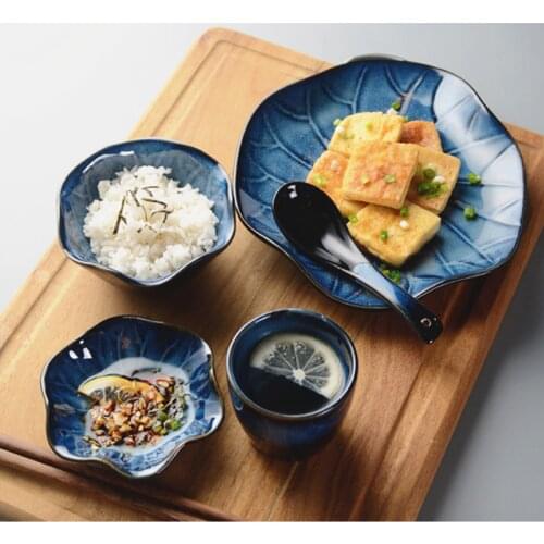 Japanese Ceramic Dinner Plate Set of Dishes One-Person Lotus Leaf Shape Rice Bowl Plate Tableware Creative Individual Household