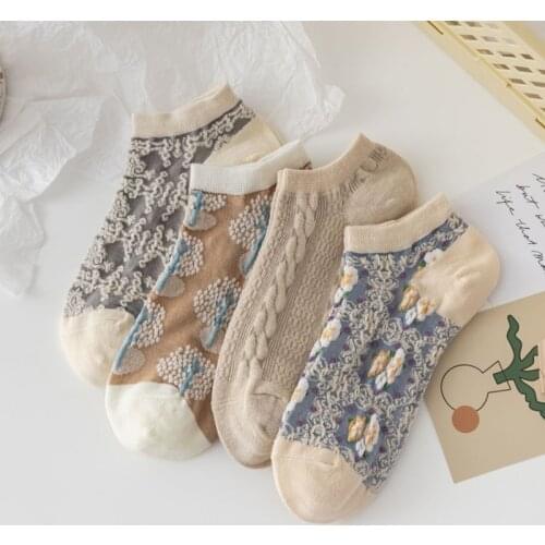4 Pairs Set Ankle Socks Woman Kawaii 2021 New Product Cotton Girl Crew Sock Pack Beige Short Low Cut Floral Female Mujer Khaki