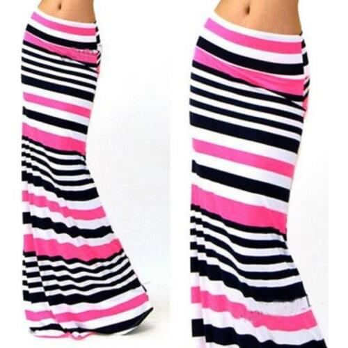 New Boho Women Skirts Long Gypsy Jersey Stretch Full Skirts Ladies Maxi Dress Striped Multi Color Outwear