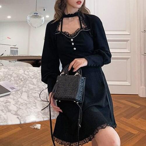 2021 Autumn Gothic Black Dress Women Party Long Sleeve Y2k Mini Dress Korean Fashion Vintage Sexy Dress Bandage Lace Dresign