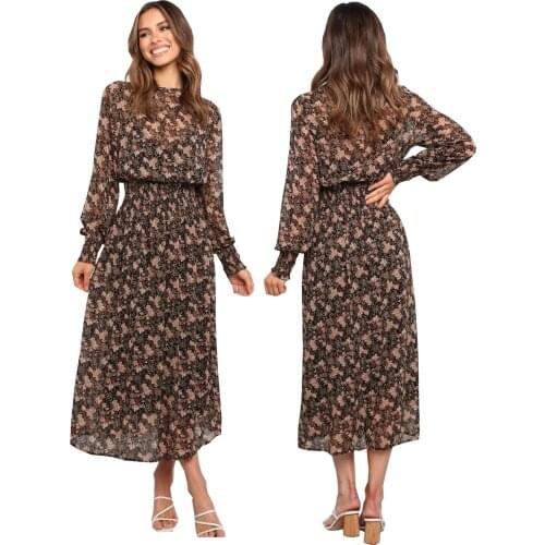 S-XL Autumn Winter Women Long sleeve Broken Flowers Bishop Sleeve Back Up Chiffon Dress Thin waist French elegance All-match F4