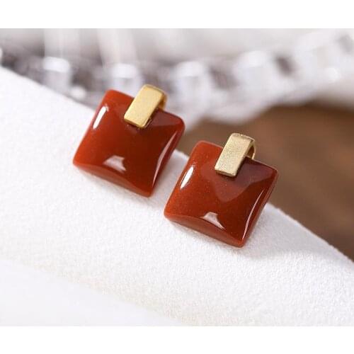 S925 Sterling Silver Tibetan Style Natural South Red Agate Personalized, Stylish and Simple Square Elegant Womens Ear Studs Ear