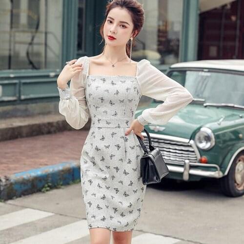 Spring autumn comfortable slim Butterfly print sexy formal dress temperamental perspective sleeves OL elegant slim pencil dress